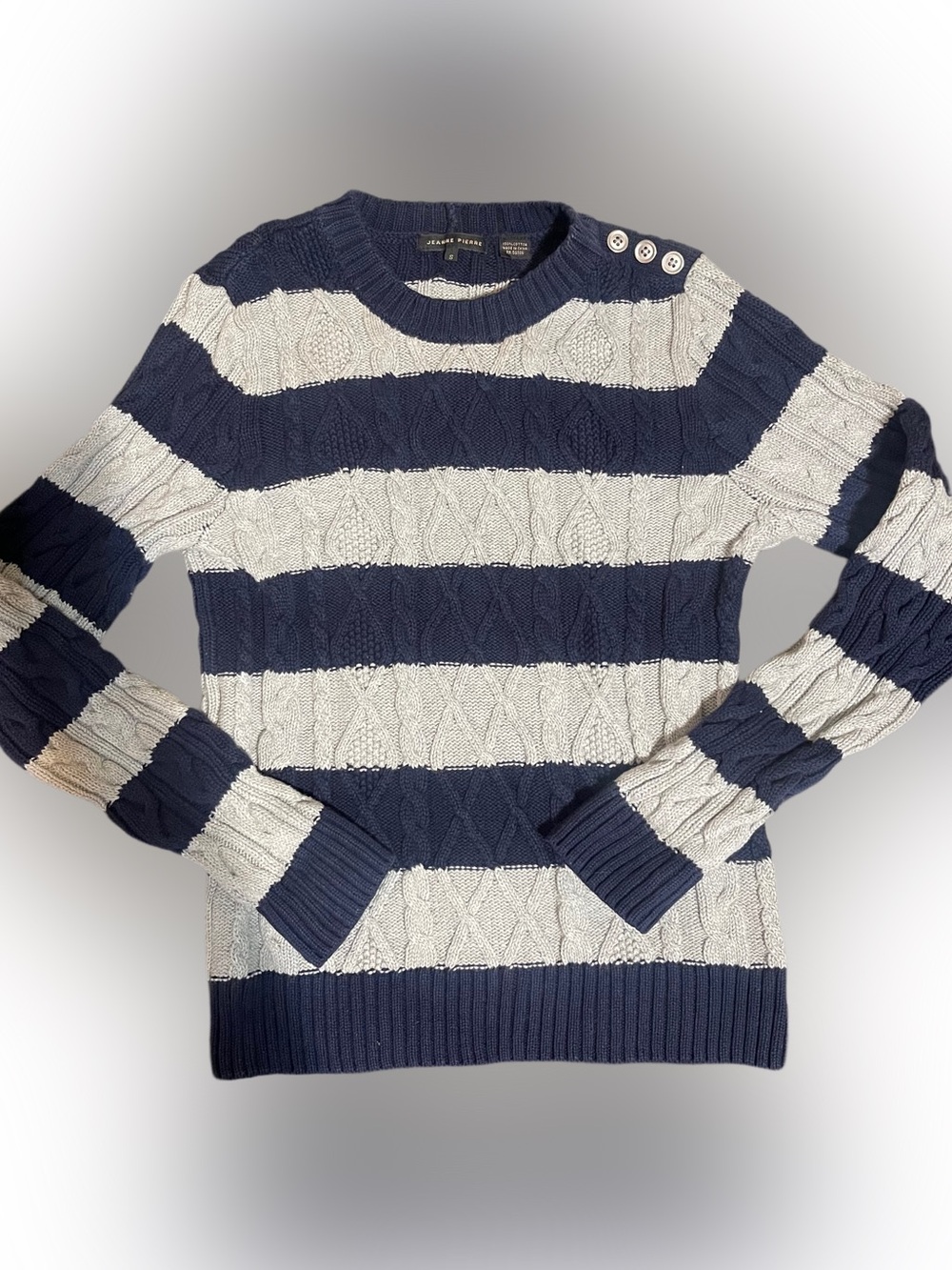 VNTG JEANNE PIERRE Navy & Light Grey Cable Knit Sweater with Shoulder Buttons